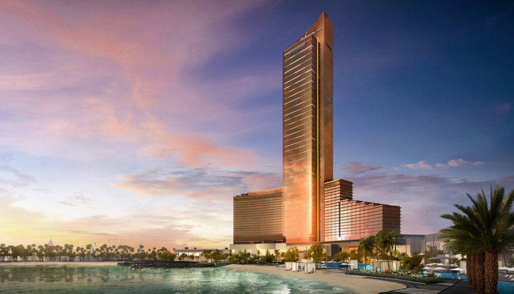 Avancement du casino & projet Wynn Al Marjan Island perspective vue plage