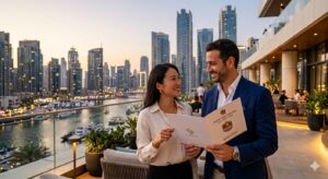 Couple regardant un livret sur le Golden Visa à Dubai
