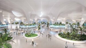 Aéroport moderne avec plantes et voyageurs Al Maktoum DWC